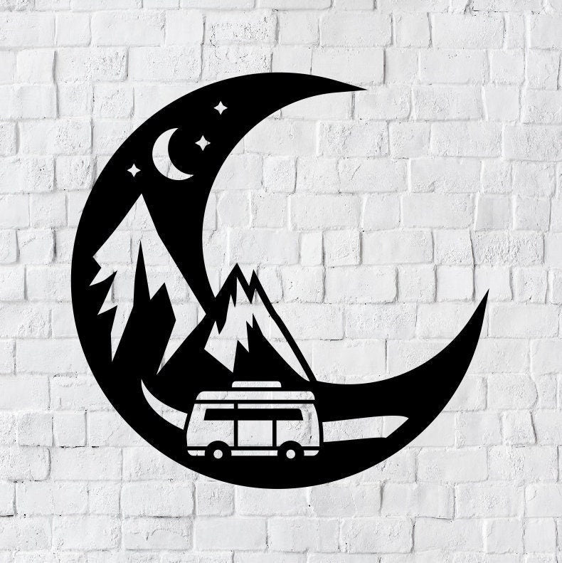 Moon Camper Metal Art / Moon and Wolf Metal Art / Metal Wall Art / Half Moon Sign / Outdoor Home Decor / Custom Wall Art Decor